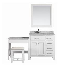 a white bathroom vanity with stool and mirror