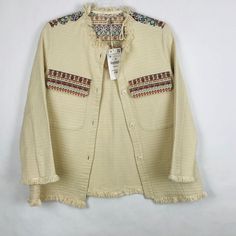 Trf Outerwear Zara Size Medium Embroidered Jacket Fringed Hem And Sleeves Fall Beige Outerwear With Floral Embroidery, Beige Floral Embroidered Outerwear For Fall, Casual Beige Embroidered Outerwear, Cream Embroidered Cotton Outerwear, Cream Long Sleeve Outerwear With Floral Embroidery, Beige Cotton Outerwear With Floral Embroidery, Beige Folk Style Long Sleeve Tops, Beige Long Sleeve Folk Top, Beige Long Sleeve Outerwear With Floral Embroidery