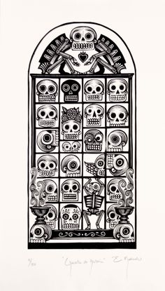 a black and white drawing of a window with skulls on it's glass door