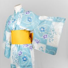 Yukata are lightweight Japanese kimono that are ideal for people who are wearing or buying a kimono for the first time. They are made of cotton making them very light and comfortable compared to traditional kimono. *It comes with a belt (obi)  100% Cotton   This is a standard size yukata (length 145 cm). It can fit anyone with waist/hip measured less than 43" (110 cm).   Handwashing if possible. For tough stains, use washer and choose gentle cycle with cold water and don't wash it with other clothes. Please note that machine washing will slowly wash away the dye so the yukata will be less vibrant the more you wash it. Spring Cotton Kimono For Tea Ceremony, Blue Kimono For Spring Tea Ceremony, Blue Kimono With Kimono Sleeves For Tea Ceremony, Traditional Blue Kimono For Tea Ceremony, Traditional Long Blue Kimono, Cute Kimonos, Kimono Obi, Yukata Kimono, Blue Kimono