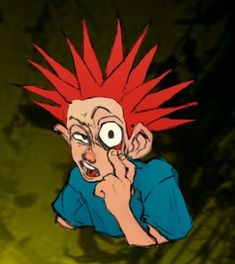 an animated image of a man with red hair on his head looking at the camera