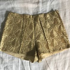 Never Worn, Beautiful Gold Threaded Shorts. Front Pleat. Perfect For Dressing Up A Summer Outfit. Elegant Gold Shorts For Summer, Gold High-waisted Shorts For Summer, Summer High-waisted Gold Shorts, Summer Festive Sequined Bottoms, Sequined Summer Festive Bottoms, Gold Shorts For Spring Night Out, Gold Shorts For Night Out In Spring, Chic Embroidered Short Length Shorts, H&m Party Bottoms For Summer