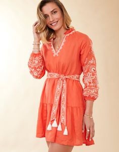 Coral Embroidery, Embroidered Belt, Spartina 449, Coral Dress, Ruffle Collar, Tier Skirt, Tiered Skirt, Linen Dress, Tie Belt