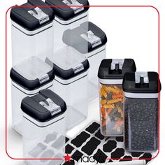 six storage containers with lids are shown next to each other on a black and white patterned surface