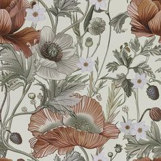 a floral wallpaper with many flowers and leaves on white background, including oranges and browns