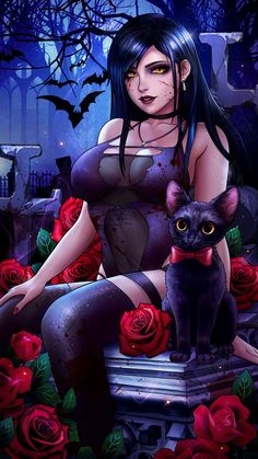 a woman sitting on top of a bench next to a black cat and red roses