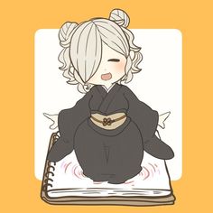 an anime character sitting on top of a book with her hands in her pockets and eyes closed