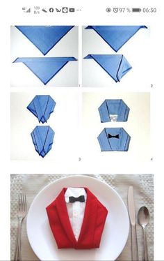 how to fold an origami shirt and bow tie on a plate with silverware