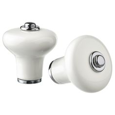 two white knobs with chrome handles on a white background