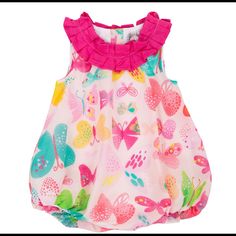 Pink Butterfly Romper With Snap Bottom Closure For Easy Dress. Lightly Lined. Super Soft. Spring Multicolor Bubble Romper With Ruffles, Spring Multicolor Ruffled Bubble Romper, Pink Playful Bubble Romper For Playwear, Playful Pink Bubble Romper For Playwear, Cute Multicolor Sleeveless Bubble Romper, Pink Floral Print Bubble Romper For Playtime, Pink Bubble Romper For Spring Playwear, Pink Bubble Romper For Playwear In Spring, Playful Pink Bubble Romper For Spring