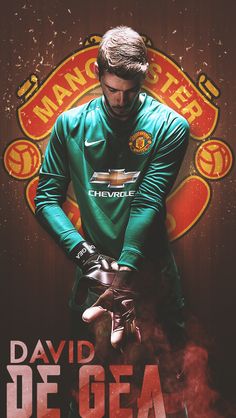 the man utensils are in front of a poster for david de gea