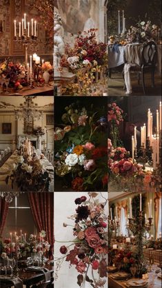 a collage of photos with flowers and candles