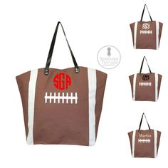 "Monogrammed Football Bag - Monogram Football Tote Bag - Personalized Football Mom Bag This adorable canvas football tote is perfect for taking to the game! Awesome for the proud Football Moms, too. Lined interior Magnetic snap closure Faux leather handle Zipper interior pocket Materials : Canvas Length/Height/Width : 21.5\"W (top) / 20\"W (bottom) / 17\"H / 8\"D Customize a set by adding your name or initials. Personalization information Please leave all personalization information in the perso Large Capacity Rectangular Bags For Sports Events, Monogram Rectangular School Bag, Customizable Brown Rectangular Bag, Rectangular Monogram Bag For Daily Use, Customizable Brown Travel Bags, White Rectangular Monogram Bag, Football Bags, Baseball Tote Bag, Football Moms