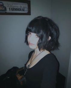 Goth With Short Hair, Black Hair Claims For Dr, Pfp Short Black Hair, Black Bangs Short Hair, Short Hair Goth Hairstyles, Grungy Haircuts Women, Black Hair With Dyed Bangs, Short Hair Inspo Women, Micro Bangs Short Hair Round Face