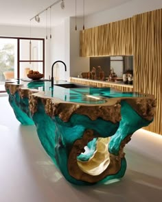 an unusual table in the middle of a room with a sink and counter top that is made out of wood