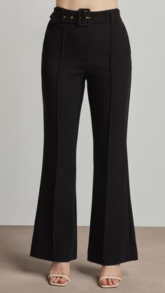 Bring a retro flare to any occasion with these belted flared pants. Featuring a belt with a covered buckle and sleek front pintucks to elongate the legs, these pants are the perfect companion to take you from desk to dinner. Front Slant Pockets Back Single Welt Pocket Belt with Fabric Covered Buckle, Metal Bar & Eyelets Front Pintucks Single Welt Pocket, Belted Pants, Black Camel, Ellen Tracy, Pocket Belt, Flared Pants, Metal Bar, Pin Tucks, Fabric Covered