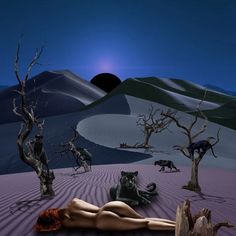 a woman laying on top of a desert covered in animals next to trees and bushes