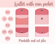 the pattern for wallets with coin pockets is shown in pink and white colors, including two