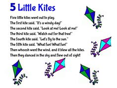 five kites are flying in the sky with words below them that read, 5 little kites went out to play