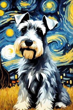 a painting of a dog sitting in front of a starry night with the lights on