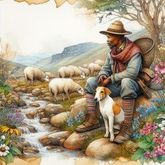 a painting of a man sitting on a rock with his dog and sheep in the background