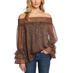 Cece's Petite Off-The-Shoulder Top Is Something From A Dream With An Airy Overlay And Ruffled Cuffs. Designed To Fit And Flatter 5'4" And Under Frame Smocked Off-The-Shoulder Neckline Long Semi-Sheer Sleeves With Ruffled Cuffs Polyester Machine Washable Imported Shoulder Top, Off The Shoulder, Leopard Print, Off Shoulder, Ruffle Blouse, Blouses, On Instagram