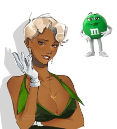 a woman in green is standing next to a cartoon character