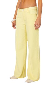 A low waist and flared legs bring plenty of throwback vibes to nonstretch-denim jeans in a vibrant hue. Zip fly with button closure Five-pocket style 100% cotton Machine wash, dry flat Imported Trendy Summer Cotton Flares, Casual Cotton Summer Flares, Trendy Yellow Wide Leg Jeans, Casual Cotton Flares For Summer, Yellow Wide Leg Cotton Jeans, Trendy Mid-rise Summer Flares, Trendy Summer Mid-rise Flares, Spring High-rise Cotton Flares, Summer Cotton Full-length Flares