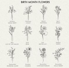 the different types of flowers are shown in black and white, with text that reads birth month