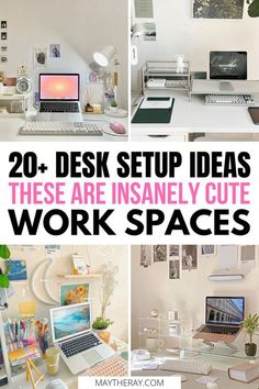 there are many different desks and computers in this collage with the words 20 + desk setup ideas