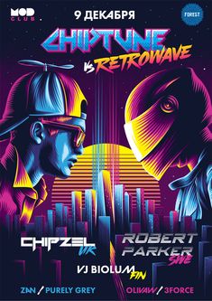 the poster for chiptune and retrowave featuring two men in front of a city skyline