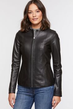 Smooth lambskin leather with a fine sheen, a collarless neckline, and pick stitch detail, give this short jacket its signature look. Princess seams and a tapered waist create a flattering shape that's finished with hand pockets and acetate lining, and it fastens with a zip front closure. Sue Barker, Women Leather Jacket, Casual Leather Jacket, Pick Stitch, Collection Ideas, Lambskin Leather Jacket, Biker Leather, Princess Seams, Leather Jacket Black