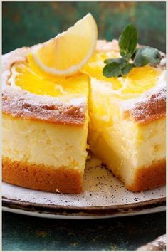 a lemon cake is cut into slices on a plate