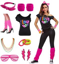 a woman is dressed up in pink and black clothing with accessories including sunglasses, headbands, bracelets and shoes