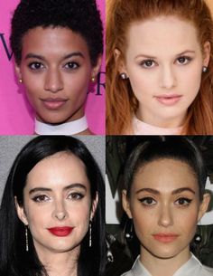 headshots of jourdana phillips, Madelaine Petsch, krysten ritter, and emmy rossum, all who have the dramatic gamine ingenue style type Dramatic Ingenue Essence, Gamine Face, Boyish Aesthetic, Gamine Makeup, Ethereal Dramatic, Dark Ethereal