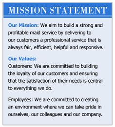 the mission statement is shown in blue and white