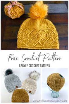 the crochet hat pattern is shown with three different hats and one has a pom