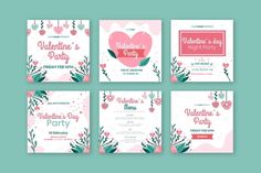 four valentine's day cards with flowers and hearts in pink, green and white colors