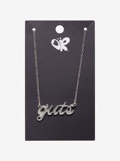 Add some Guts to your outfit with this Olivia Rodrigo necklace! Featuring a silver-tone nameplate design for her album  Guts . Olivia Rodrigo Gift Ideas, Olivia Rodrigo Necklace, Silver Adjustable Nameplate Charm Necklaces, Olivia Rodrigo Things To Buy, Silver Adjustable Nameplate Charm Necklace, Olivia Rodrigo Inspired Gifts, Olivia Rodrigo Stuff To Buy, Olivia Rodrigo Accessories, Olivia Rodrigo Jewelry