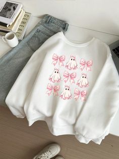 Halloween Cute Pink Bow Dress Little Ghost 9 Square Pattern Women's Autumn And Winter Casual Round Neck Long Sleeve Thick Loose Sweater Pullover White Casual  Long Sleeve Knitted Fabric Plants Pullovers Slight Stretch  Women Clothing, size features are:Bust: ,Length: ,Sleeve Length: Pink Bow Dress, Little Ghost, Bow Sweater, 9 Square, Women Crew Socks, Halloween Cute, Bow Dress, Elegant Dresses Long, Retro Women