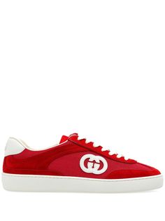 cardinal red/white suede trim panelled design mesh panelling front lace-up fastening branded heel counter rubberised logo detail signature Interlocking G logo rubber sole branded leather insole rubber sole We've partnered with Good On You — an independent agency that rates how brands perform in relation to their impact on the planet, people and animals, with a multi-criteria rating simplified to a five points scale. In order to be awarded our conscious label, larger brands need to score a minimu Luxury Logo Sneakers For Sports, Luxury Sports Sneakers With Logo Detail, Designer Low-top Sneakers With Logo Detail, Designer Logo Lace-up Sneakers, Designer Sneakers With Logo And White Sole, Designer Sneakers With Logo Detail And Round Toe, Red High-top Sneakers With Embroidered Logo, High-top Suede Sneakers With Branded Heel Counter, Designer Suede Lace-up Sneakers