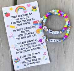 "Back to School Bracelet Set 📚✂️✏️ The cutest gift to give your little for their first day back to school Made with multi colored seed beads, clear bicone beads, 18k gold filled beads, smile bead and 4mm square letters that read \"smile\" Listing comes with Back to School Poem and little bag Please put sizing in Personalization Section Personlize this listing with another word or color, please put in Personalization Section* CARING TIPS FOR YOUR JEWELRY ⭐️Treat and store with care. ⭐️ For longevity, avoid exposing your jewelry to water. ⭐️ Avoid having direct contact with lotions, perfumes, sanitizers as these chemicals may cause discoloration of your jewelry." Fun Friendship Bracelets With Letter Beads For Gifts, Fun Letter Bead Friendship Bracelets For Gifts, Fun Friendship Bracelets With Letter Beads As A Gift, Fun Letter Beads Friendship Bracelets As Gift, Fun Friendship Bracelets With Letter Beads, Inspirational Multicolor Stretch Bracelet As Gift, Inspirational Multicolor Stretch Bracelet Gift, Personalized Fun Friendship Bracelets As Gifts, Fun Personalized Friendship Bracelets As Gifts