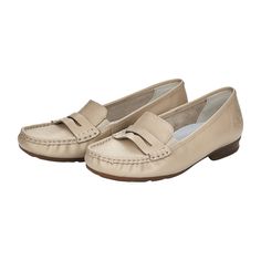 Rieker Comfortable Slip-Ons for Women in Beige Rieker Comfortable Slip-Ons for Women in Beige Comfort and style combined! These Rieker ballerinas crafted from smooth leather are a must-have for your wardrobe. The slip-on design allows for quick and easy wear. The grippy and durable sole provides excellent traction, while the extra soft insole ensures supreme comfort. With a slim E 1/2 fit, these ballerinas offer both style and support. You won't want to take them off!   Color: Beige  Closure: Slip-On  Care Instructions: Remove dust and dirt with a soft shoe brush or a lint-free, slightly damp cloth. Beige Loafers With Cushioned Footbed And Flat Heel, Beige Slip-on Flat Leather Shoes, Beige Loafers With Removable Insole And Flat Heel, Classic Beige Flat Heel Leather Shoes, Beige Flat Leather Shoes With Branded Insole, Classic Beige Leather Shoes With Flat Heel, Beige Closed Toe Loafers With Cushioned Footbed, Beige Round Toe Flats With Branded Insole, Classic Beige Flats With Rubber Sole