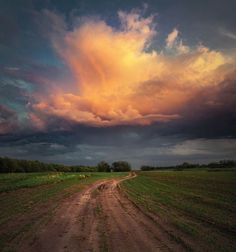 a dirt road in the middle of a green field under a cloudy sky with clouds