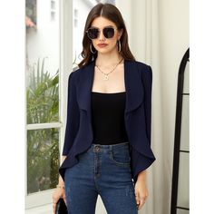 Elevate your wardrobe with the WhizMax Women's Business Casual Blazer, a perfect blend of sophistication and comfort. This navy blue cropped suit jacket is designed to enhance your professional attire while keeping you comfortable throughout the day.

- **Color:** Navy Blue
- **Size:** Small (refer to size chart for more details)
- **Material:** Premium, lightweight, skin-friendly fabric with a stretch
- **Sleeve Length:** 3/4 Sleeve
- **Features:** Draped open front, flowy drape ruffle hem, lap Elegant Cropped Jacket For Spring Office Wear, Elegant Spring Cropped Jacket For Office Wear, Spring Office Lady Blue Blazer, Spring Blue Office Lady Blazer, Chic Blue Cropped Jacket For Work, Chic Blue Career Blazer, Elegant Blue Cropped Jacket For Work, Chic Blue Fitted Cropped Jacket, Chic Fitted Blue Cropped Jacket