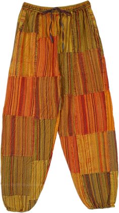 Feel like a boho queen in these unisex patchwork striped cotton pants.  The harem-style pants have a gradient-like tone, with yellow, orange, red, and olive green colors. #tlb #SplitSkirtsPants #Patchwork #Stonewash #Pocket #Yoga #Striped #bohemianfashion #CottonHaremPants #YogaPants #StripedPants #PatchworkPants #CottonJoggerPants Orange Cotton Bottoms For Festival, Orange Cotton Harem Pants For Summer, Traditional Yellow Cotton Bottoms, Bohemian Orange Cotton Bottoms, Orange Cotton Festival Bottoms, Orange Bohemian Cotton Bottoms, Summer Orange Cotton Harem Pants, Bohemian Orange Cotton Pants, Yellow Cotton Bohemian Pants