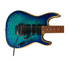 an electric guitar with blue and gold body