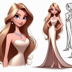 an animated drawing of a woman in a wedding dress with long hair and diamond necklaces