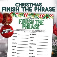 a christmas finish the phrase game with ornaments