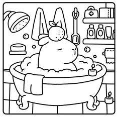 a black and white drawing of a dog taking a bath in a tub with soap